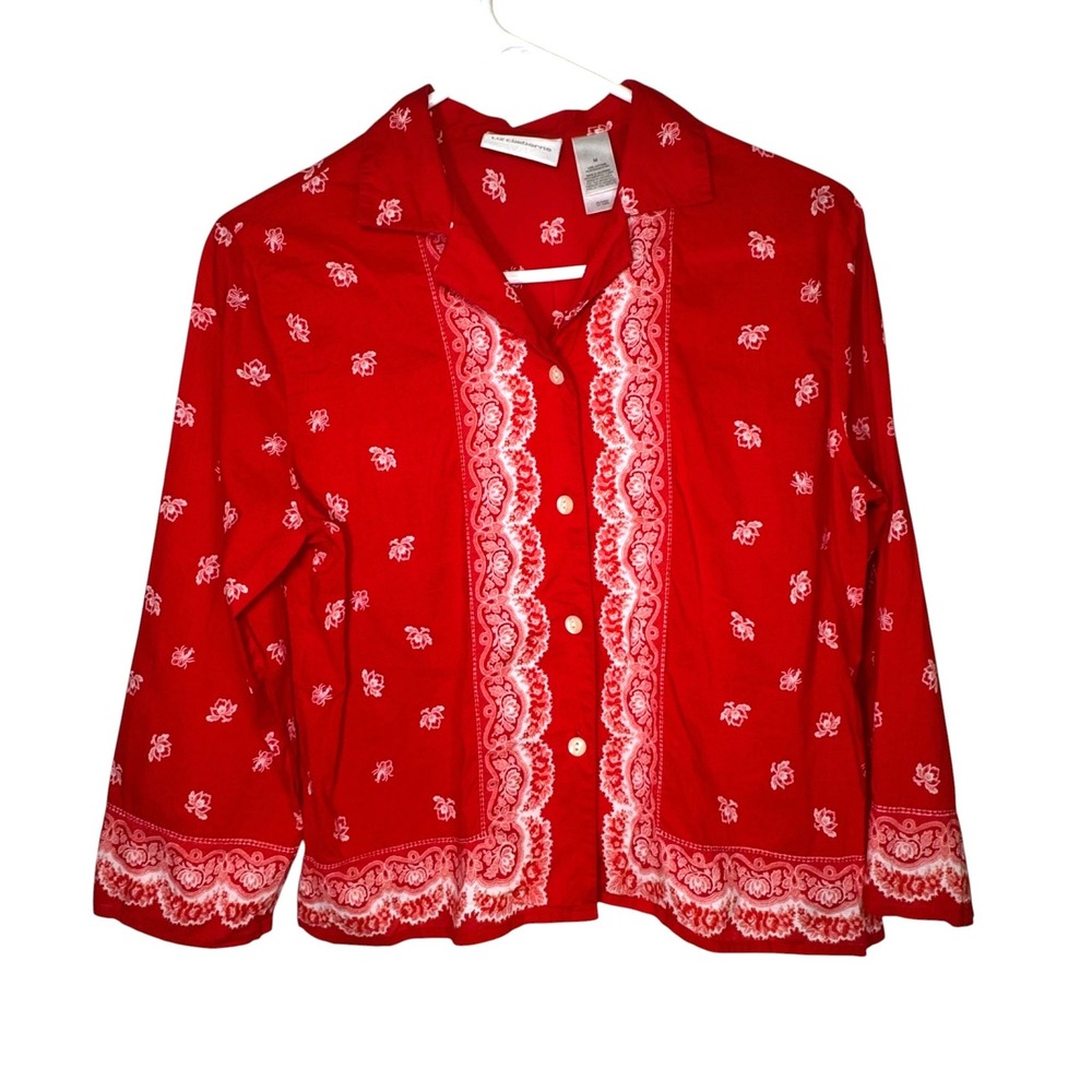 Liz Claiborne Red Button Top Womens M Floral Paisley Bandana Print Cotton Shirt